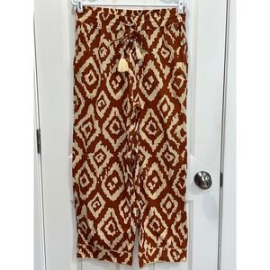 Haute Hippie Style Rust Ikat Diamond Print Wide Leg Cotton Pants Cowrie Shell M